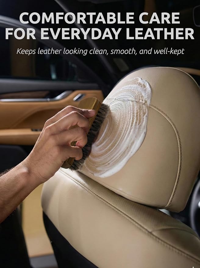 TAKAVU Leather & Upholstery Cleaning Brush Set with Compact Wood Handle | Car Detailing Brush for Alcantara, Leather Seats, Suede, Car Interior, Sofa & Convertible Tops