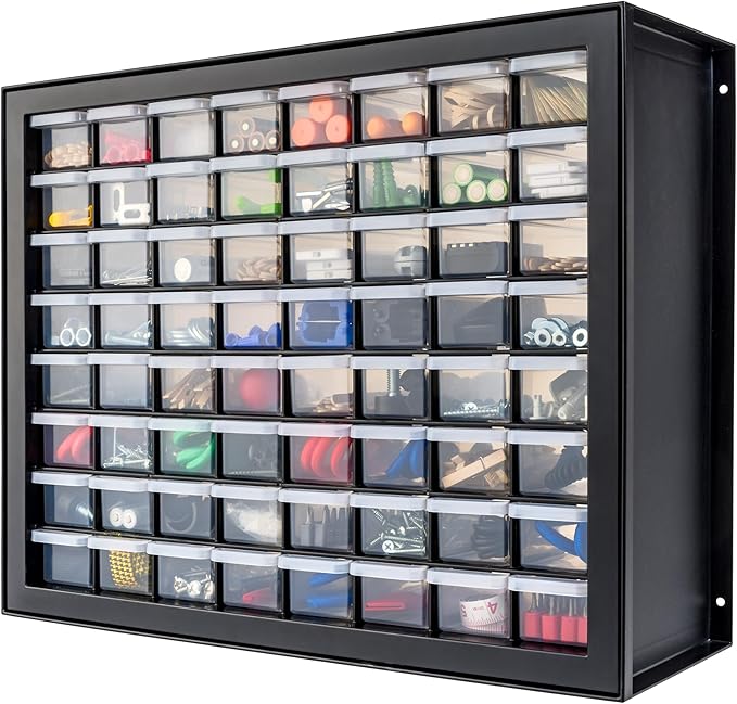 IRIS USA 64-Drawer Screw Organizer, Hardware Storage, Made in USA, Black | Wall mountable, Stackable, Building Bricks, Garage Tool Storage, Art & Craft Supplies, Beads, Gem Stones