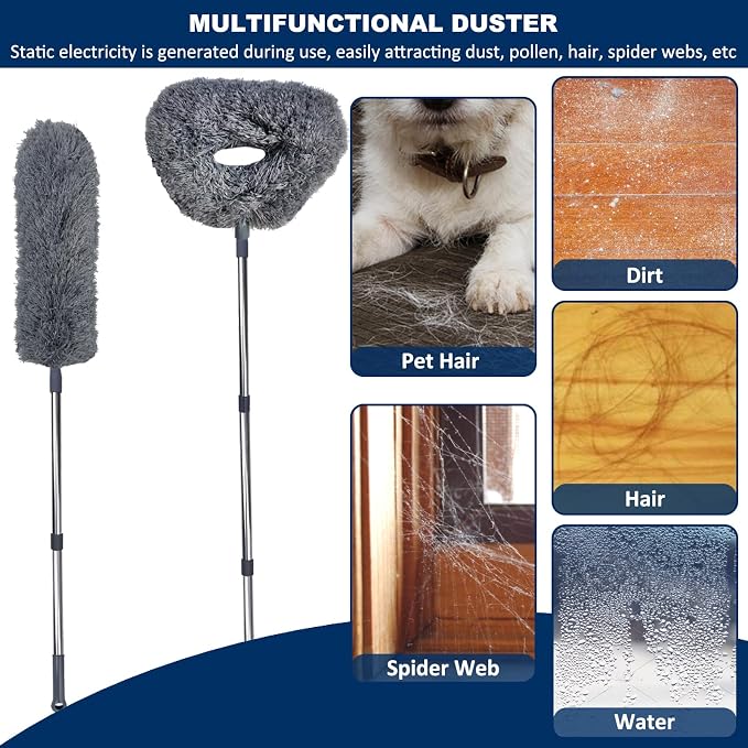 20+ Ft High Reach Ceiling Fan Duster &Microfiber Feather Brush Duster with 3-14 ft Spliceable Pole Microfiber Feather Duster for Spider Web, High Ceiling, Blinds, Furniture Cleaning Tool Kit