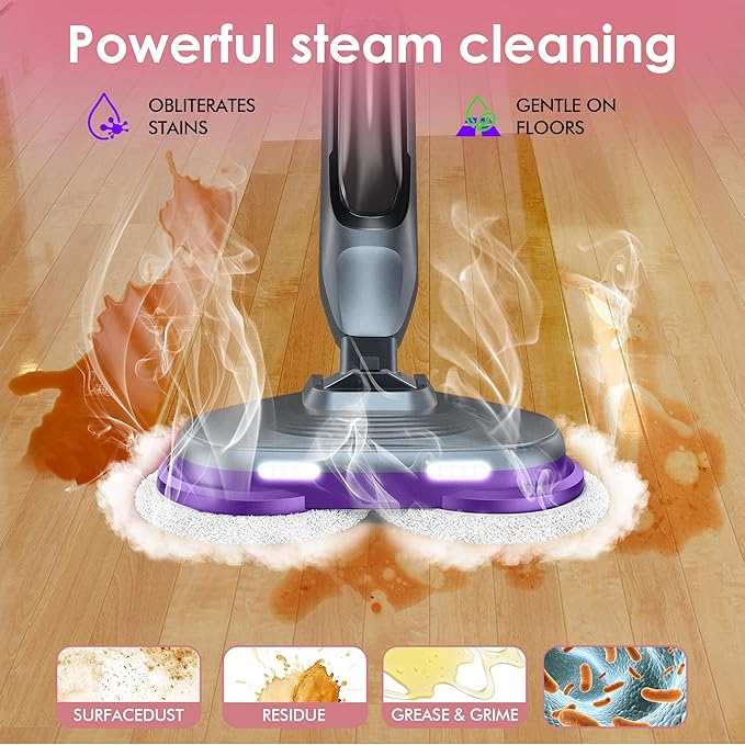 Scrub & Steam Mop with Rotating Mop Pads, 4 Cleaning Modes & LED Headlights, 6 Scrub Pads, Large Tank, Swivel Steering, All-in-One Hard Floor Cleaner