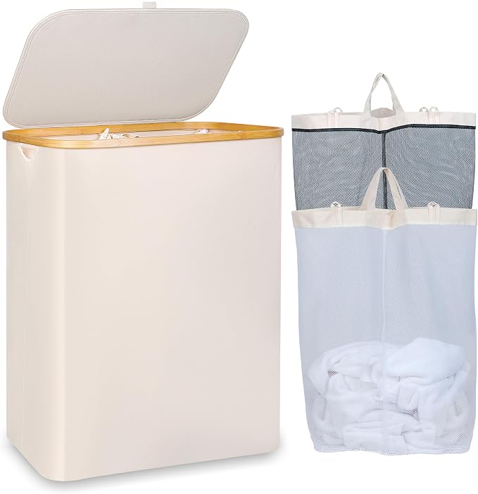 iEGrow 150L Laundry Basket with Lid,Large Laundry Hamper with Bamboo Handle,Foldable Dirty Clothes Hamper Organizer with 2 Removable Inner Bags for Clothes Towels - Beige