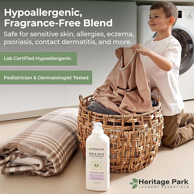 Heritage Park Silk & Wool Delicates Detergent - Fragrance Free - 32 fl oz | EWG Verified & EPA Safer Choice - Enzyme-Free Liquid Detergent - Hypoallergenic, Dermatologist Tested, Gentle on Silk & Wool
