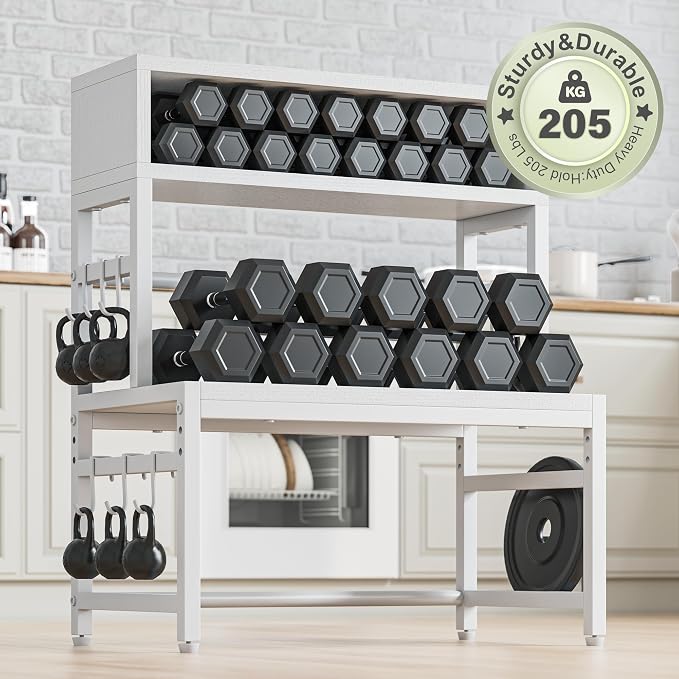 EnHomee 4-Tier Microwave Stand for Kitchen Storage, White | 205 lb Capacity, Adjustable Kitchen Shelves with 9 Hooks & Cutting Board Rack