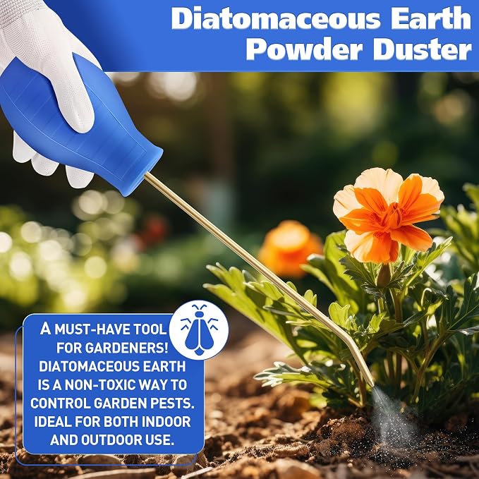 Diatomaceous Earth Powder Duster, 8OZ Garden Powder Applicator Dispenser with Long Metal Tube, Bulb Duster Sprayer for Home Organic Gardening Agricultural Supply(Blue, 1 Pack) | 8OZ bulb duster. Rust-resistant brass/aluminum tube. Smooth upward dischar...
