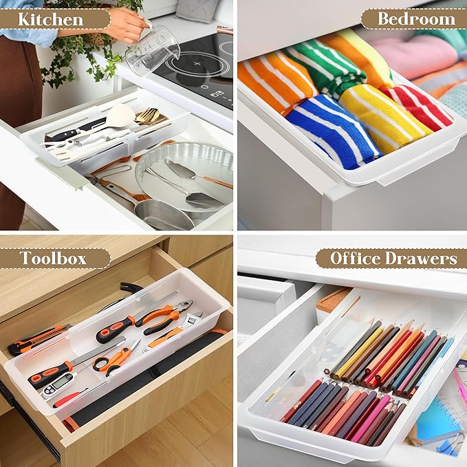 1 Pack Deep Drawer Organizer Bins, Adjustable Sliding Drawer Organizer Bin Expandable Tray for Kitchen Utensils, BBQ Tools, Towels, Durable Plastic Sliding for Easy Storage (17" to 27”)