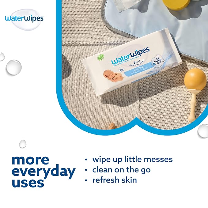 WaterWipes Sensitive+ Newborn & Baby Wipes, 3-In-1 Cleans, Cares, Protects, 99.9% Water, Unscented & Hypoallergenic, 60 Count (Pack of 24)