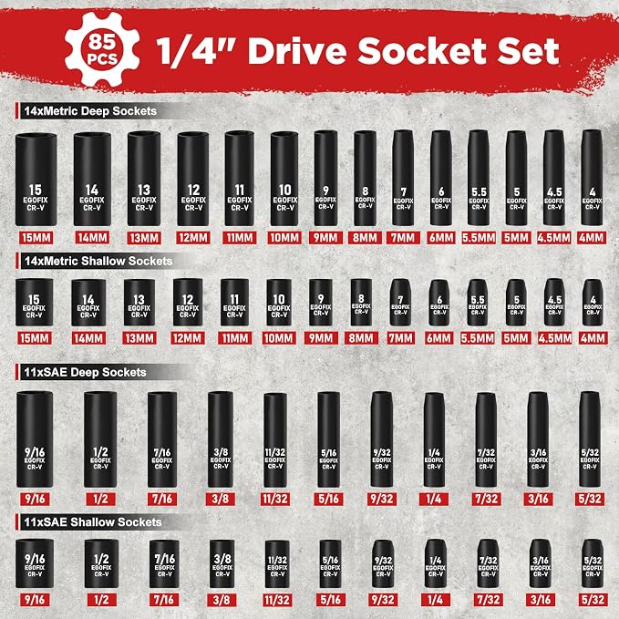 1/4" Socket Set 85 Piece, Metric Shallow/Deep Sockets (4-15mm) and SAE Shallow/Deep Sockets (5/32-9/16), Screwdriver Bit Set, Tool Kit for Home Use and Automotive Repair