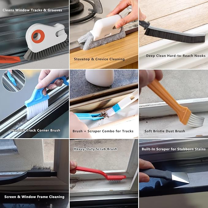 CRAFNEW 15Pcs Window Track Cleaning Brush | Window Sill & Crevice Cleaner for Sliding Door Tracks, Window Seals, Tile Grout, Kitchen Corners and Bathroom Narrow Grooves