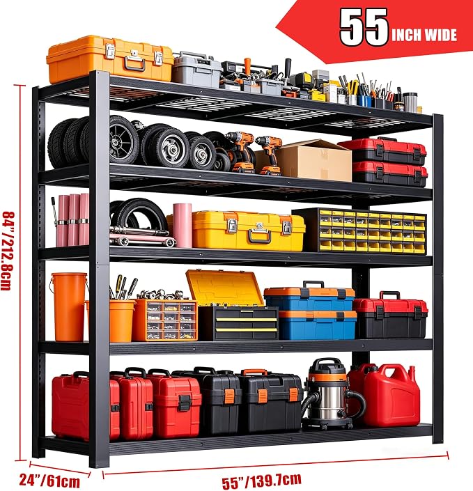 84" H Heavy Duty Wire Garage Shelving, 5-Tier Adjustable Industrial Metal Storage Shelving Unit,Standing Storage Rack for Warehouse and Basement, 24" D x 55" W x 84" H