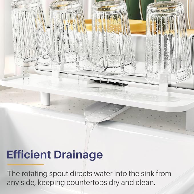 SNTD 304 Stainless Steel Dish Drying Rack for Small Kitchen Counter, White | Rustproof, Large Capacity, Heavy-Duty Frame, Rotating Spout, Angled Drainboard, Removable Cup & Utensil Holder