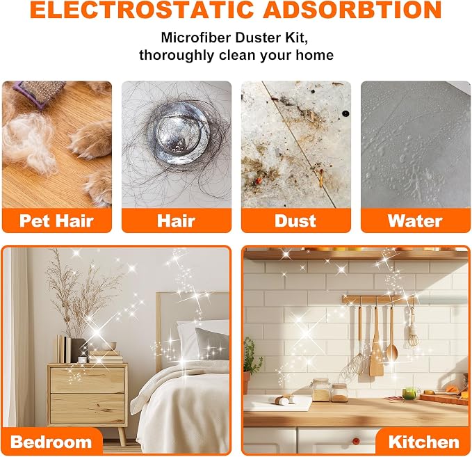 Duster with Extension Pole, Washable Cleaning Duster Kit with DusterHeads, Cobweb Duster, Corner Brush, Telescoping Pole for Ceiling Fan (9)