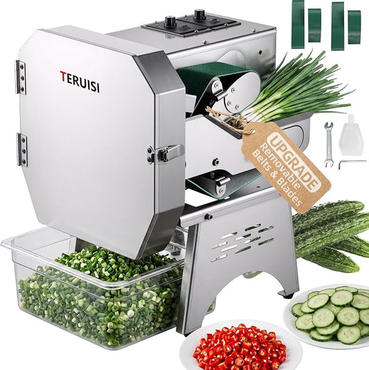 Commercial Vegetable Chopper, 200W Electric Vegetable Cutter 450LBS/H Production, Stainless Steel Onion Chopper with Upgrade Removable Belts & Blades, 2-20mm Adjustable Thickness, 110V