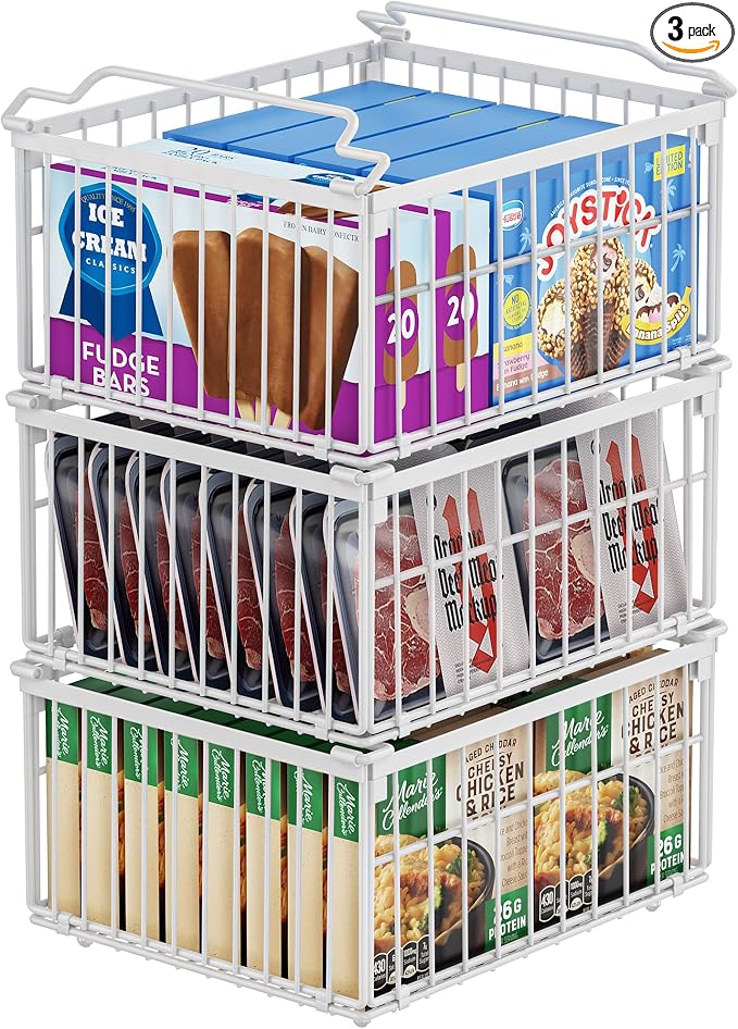 MSERCUOR Freezer Organizer Bins, 3 Pack Big Stackable Deep Chest Freezer Organizer Bins, Foldable Baskets with Handles, White Storage Container Baskets for 5 to 9 Cu.FT Deep Freezer Sort Frozen Meats