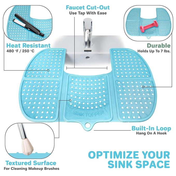 Sink Topper Bathroom Sink Cover for Counter Space, Large Blue | Holds up to 7 lb on a steel frame; fits over basins 19-23 in; 480°F silicone; foldable makeup mat; countertop extender