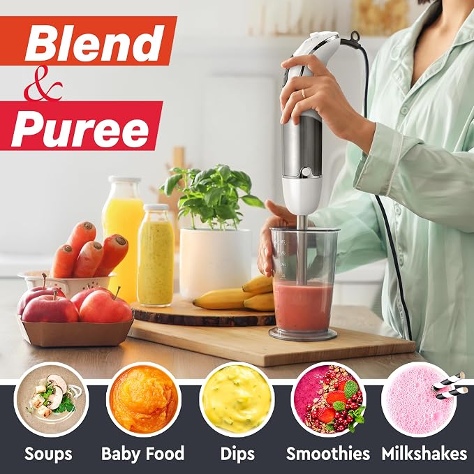 Mueller Multistick 800W 4-in-1 Immersion Blender Handheld, 12 Speed Hand Mixer - Turbo Boost, Heaviest Duty Copper Motor, Titanium Blades Hand Blender, Milk Frother Wand, Whisk, Beaker, Chopper, White