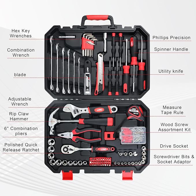 LAND 159-Piece Tool Set with Storage Case, Home & Auto Repair Kit | Basic Tool Kit for Mechanic Work, Auto Repair, Household Fixes, Garage, Furniture Assembly & Workshop with Storage Case