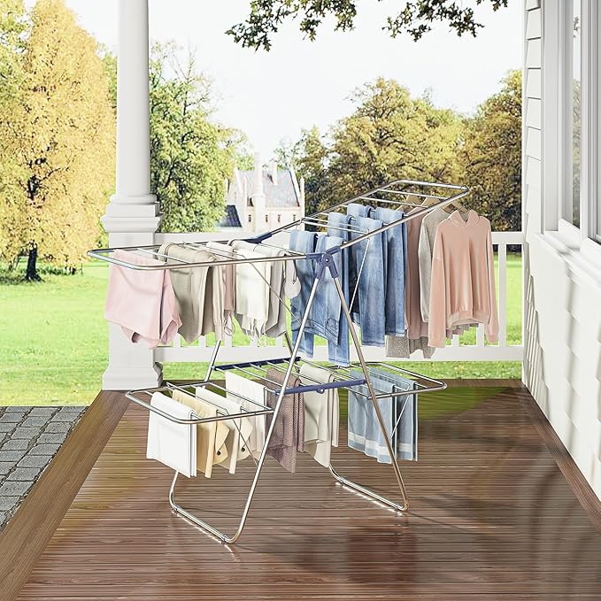 APEXCHASER Large Stainless Steel Clothes Drying Rack, Generous Drying Area | Foldable 2-Level Drying Rack Clothing, Free-Standing Laundry Airer, with Height-Adjustable 4 Wings, Matte Blue