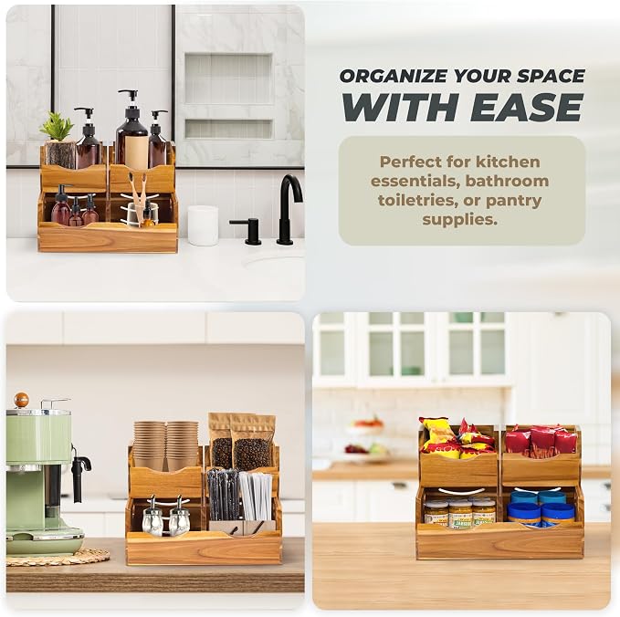 Acacia Wood Pantry Storage Bins - Stackable Open Front Kitchen Baskets for Potato, Onion, Fruit, Vegetable, and Bread Storage, Wood Organizer for Pantry (Warm Acacia)