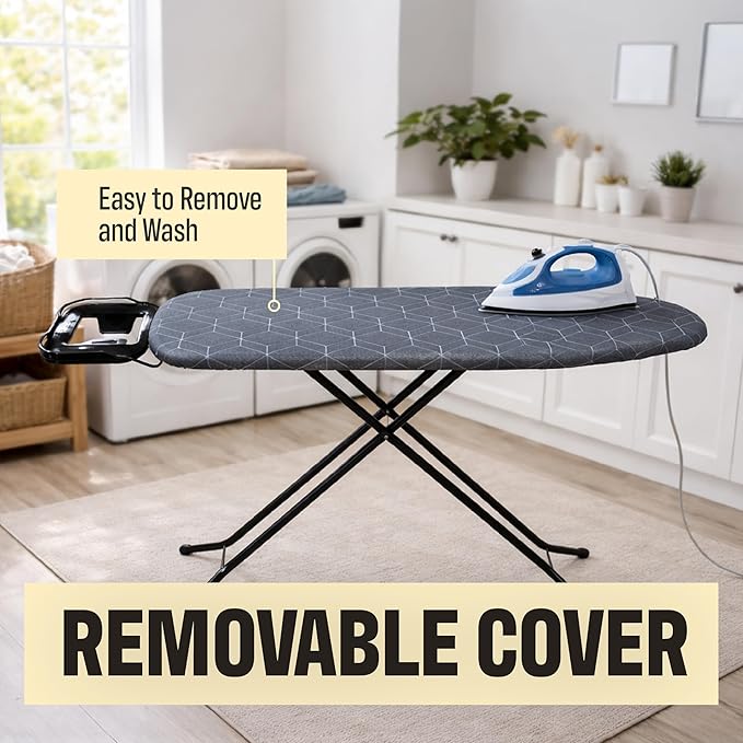 Ironing Board with Iron Rest - 45 x 13 Inch Adjustable Height Steel Mesh Board - Foldable Laundry Room Station with 2-Layer Padded Gray Hexagon Cotton Cover