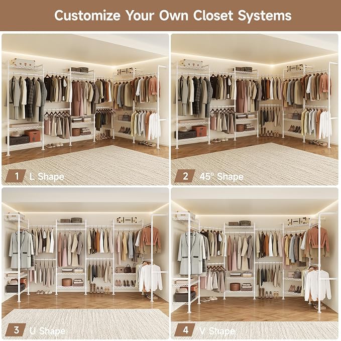 Wall Mounted Garment Rack, Industrial Pipe Clothing Rack, Closet System with 6 Expandable Rods, Walk in Closet Shelving, Clothes Organizers and Storage, Hanging Racks Wardrobe Renovation, White