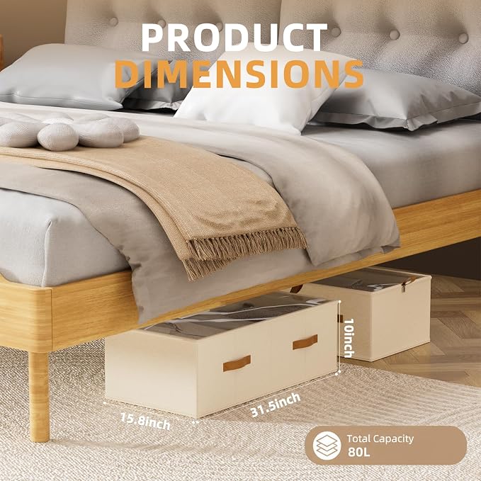 FHSQX 4 Pack Under Bed Storage Bins- 10 Inch Tall Underbed Clothes Storage Containers with Clear Window for Closet, Bed Sheets and Blankets (Beige, 31.5x15.8x10 inch)