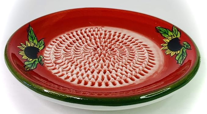 BonCera, All-in-one Premium Ceramic Garlic Grater Plate 4-Piece Set - Red Sunflower Design, Classic Style - For Garlic, Ginger, Chocolate, and more! - Comes with 5.25" Plate, Peeler, Brush, and Stand