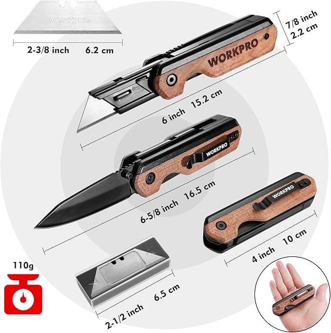 WORKPRO 2-in-1 Folding Knife/Utility Knife, Wood Handle | Quick-Change Box Cutter, Liner Lock, Belt Clip, 10 SK5 Blades, Carton Cutting, Camping, Hiking, DIY Projects