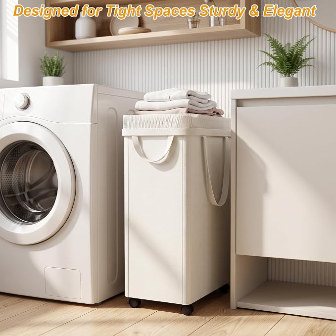 efluky Slim Laundry Hamper with Wheels and Removable Bag, Rolling Laundry Basket for Clothes, Small Laundry Basket for Bedroom, Dorm and Laundry Room, 75L (19.8 Gallons) Beige