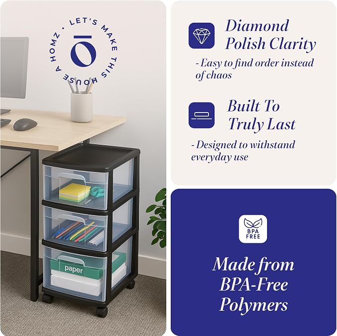 HOMZ Drawer Tower, 3-Tier Storage Cart with Removable Wheels, Black Frame | Plastic Organizer with Clear Bin Drawers for Bedroom, Bathroom, Home Office, and Dorm Rooms