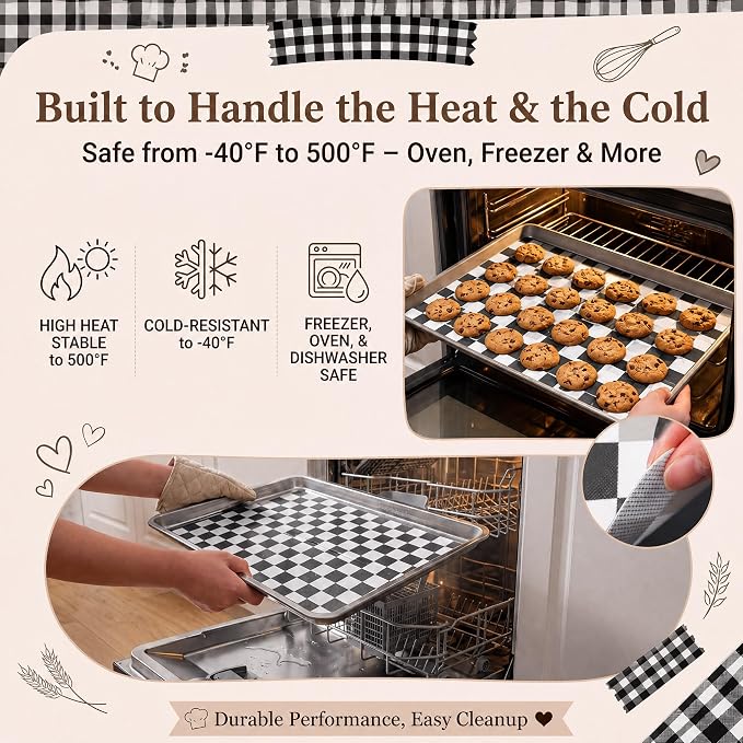 Domensi 2 Pcs Checkered Silicone Baking Mat Non-Stick Reusable Oven Liner, Food Grade Silicone Roasting Mat with Anti-Slip Grid Design for Baking, Oven, Air Fryer(Black and White, 16.4 x 10.8 Inch)