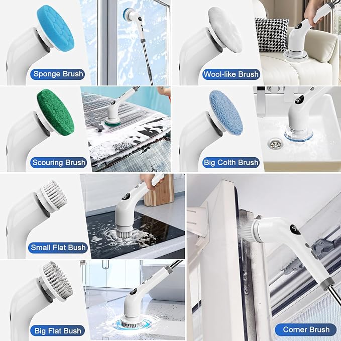 qimedo Electric Spin Scrubber, Rechargeable Handheld Electric Scrubber for Cleaning, Cordless Power Dish Scrubber with 7 Brushes for Bathtub Grout Tile Floor