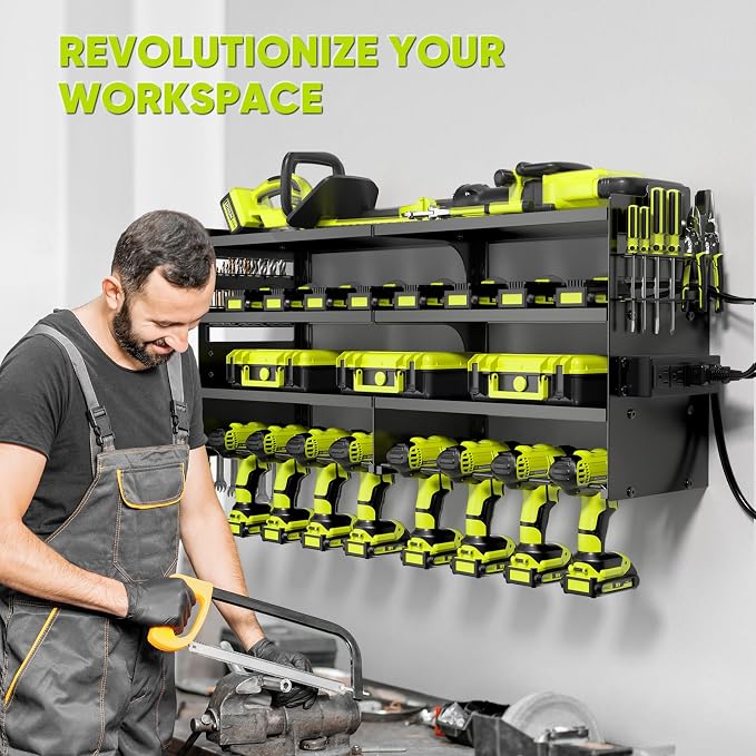 POKIPO Large Power Tool Organizer Wall Mount with Charging Station,4 Layer Heavy Duty Metal Tool Storage Rack Loads 600lbs with 8 Cordless Drill Holder,Battery Utility Rack Loads with 4 Power Strip