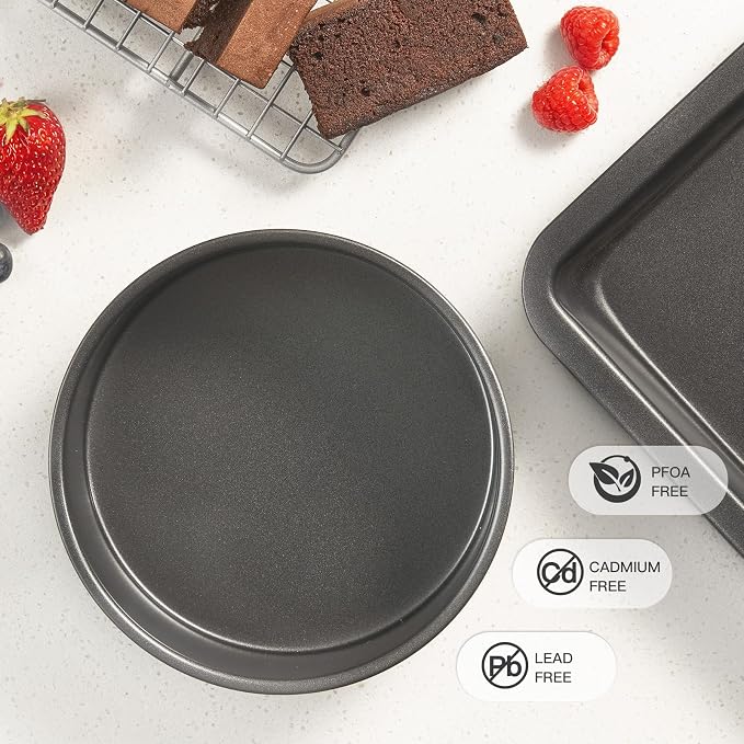 HONGBAKE 6 Inch Round Cake Pan Set for Baking with Healthy Parchment Paper, Nonstick Deeper Circle Cake Pans with Wider Grips, 3 Pieces Premium Layer Cake Tin, Cheesecake Mold, Huty Duty - Grey
