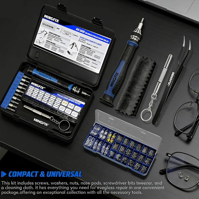 Eyeglass Sunglass Repair Kit,MINGFIX Magnetic Eye Glasses Repairing Tool Kit with Assorted Screws,Nose Pads,Small Screwdriver Bit Set & Tweezer with Mini Travel Case for Glasses,Sunglasses and Others