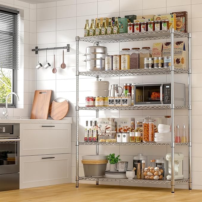 48" W Garage Shelving 1875 LBS Heavy Duty Wire Shelving Unit, Metal 5-Tier Adjustable Steel Storage Rack with Liners, 48" W x 18" D x 72" H for Pantry Kitchen Commercial, Chrome