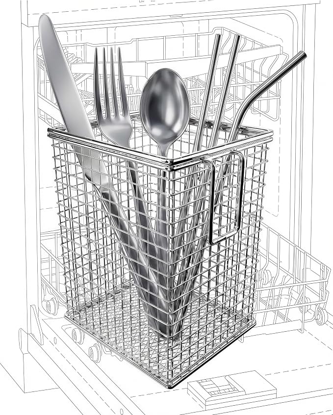 Chopstick Holder, 304 Stainless Steel Dishwasher Chopstick Basket with Hooks, Straw & Silverware Drying Rack for Organizing Knife, Fork, Spoons and Small Kitchen Tools (Silver)