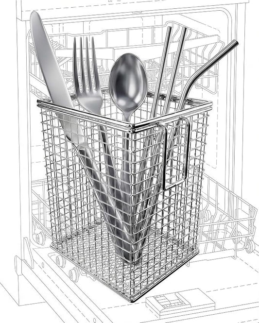 Chopstick Holder, 304 Stainless Steel Dishwasher Chopstick Basket with Hooks, Straw & Silverware Drying Rack for Organizing Knife, Fork, Spoons and Small Kitchen Tools (Silver)