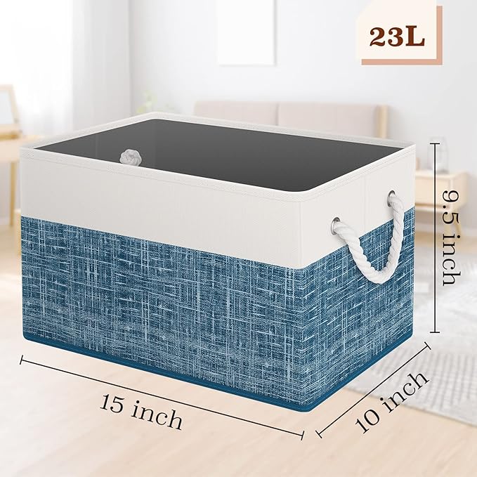 StorageTastic Storage Bin,Collapsible Storage Basket For Organizing,Large Storage Boxes With Rope Handles,Storage Containers,White & Blue,3 Pack