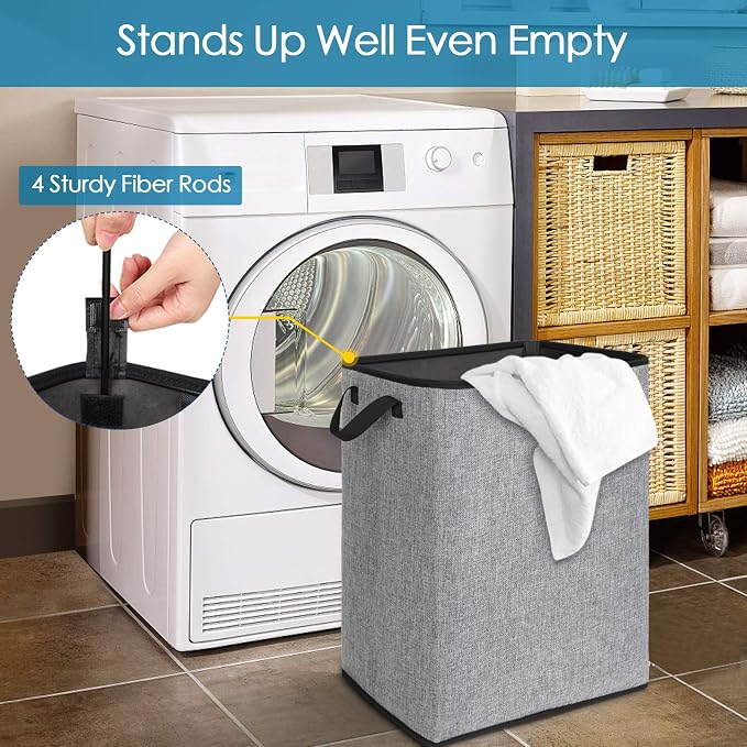 SNIGJAT Large Laundry Basket, 70L Collapsible Tall Hamper with Handle, Grey | Dirty Clothes Hamper for Bedroom, Rectangular Sturdy Laundry Basket for College, Dorm, Towels, Toys