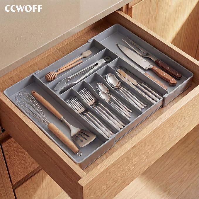 Silverware Drawer Organizer, 9 Slots Expandable Kitchen Drawer Organizer | Extra Large Utensil Holder & Cutlery Tray, Heavy Duty Stainless Steel Frame Flatware Organizer, Non-Slip Feet Included, Gray