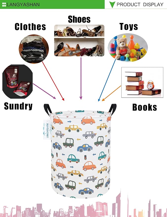 Round Laundry Basket Collapsible Storage Hamper Color Cars | Waterproof Canvas Foldable Baskets with sturdy Handles Multi-scene Organizer for Home Play Bedroom Gift Bin