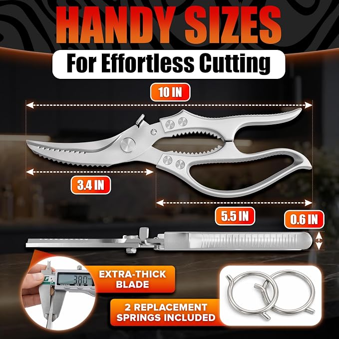 Premium Stainless Steel Poultry Shears – Heavy Duty Kitchen Shears for Food, Hardened Blades, One-Hand Safety Lock, Spring Mechanism, Dishwasher Safe – Chicken, Meat Cutting, Turkey, Fish & Vegetables