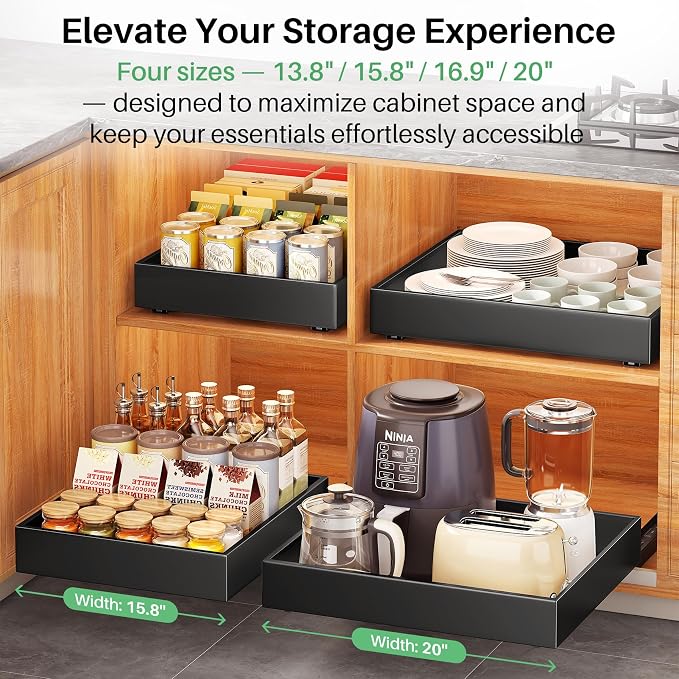 Pull out Cabinet Organizer, 21"Deep, 16.9"Wide Heavy Duty Full-Extension Slide out Drawers with Nano Adhesive, Roll Out Shelves Sliding Cabinet for Kitchen, Bathroom, Pantry,under sink Storage(Black)