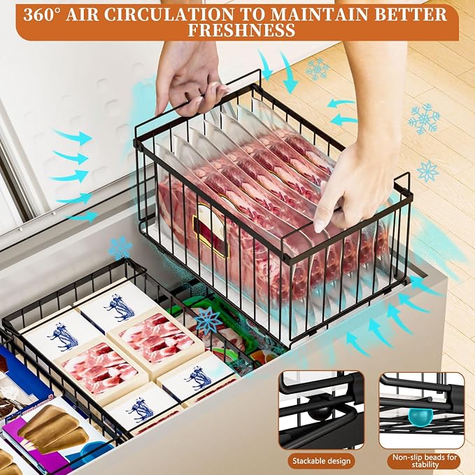 Large Freezer Organizer Bins, Upgrade Quick Expand/Collapse Feature, for 5-9 Cu.Ft Deep Freezer, 3 Pack Stackable Deep Freezer Organizer Bins, Black Wire Foldable Baskets (Black 3 Pack)