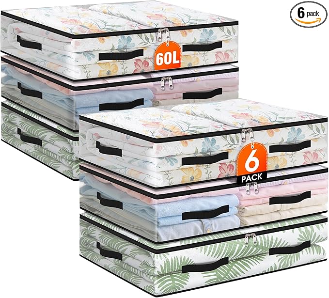 6 Pack Under Bed Storage Bags, 60L Foldable Clear Containers with Handles | Dual Zipper Storage Bins for Comforters, Bedding, Blankets, Closet Organizer for Clothes, Linen Sheets, Sweaters