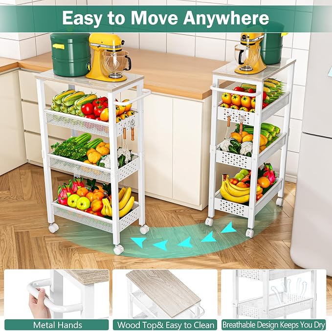 Vivihomety 4-Tier Laundry Utility Rolling Cart with Wheels, Kitchen & Bath | Narrow 8.1" wide, lockable wheels, wood top panel, metal frame, for laundry room, small spaces, pantry, tight gaps, White