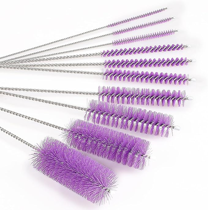 CiaraQ Bottle Cleaning Brushes, 8 Inch Nylon Tube Brush Set | Purple Cleaner for Narrow Neck Bottles Cups with Hook, Set of 10pcs.