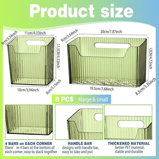 SiliFine 8 Pcs Storage Organizer Bins Wall Mounted Organizer Basket Plastic Cabinet Door Bins Stackable Hanging Baskets for Organizing for Wall Refrigerator Kitchen Bathroom Pantry(3.94'',Green)