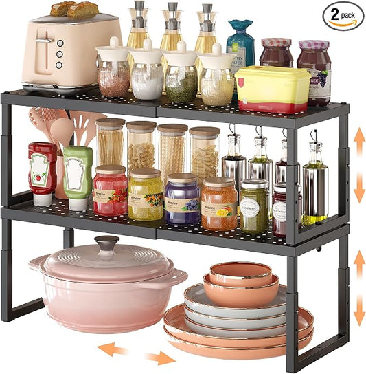 RUILALIFE Expandable-Stackable-Shelf-Organizer-For-Cabinet Pantry Closet,Kitchen Counter Shelf With Adjustable Height, Metal Storage Shelf Riser Spice Rack For Cupboard Countertop