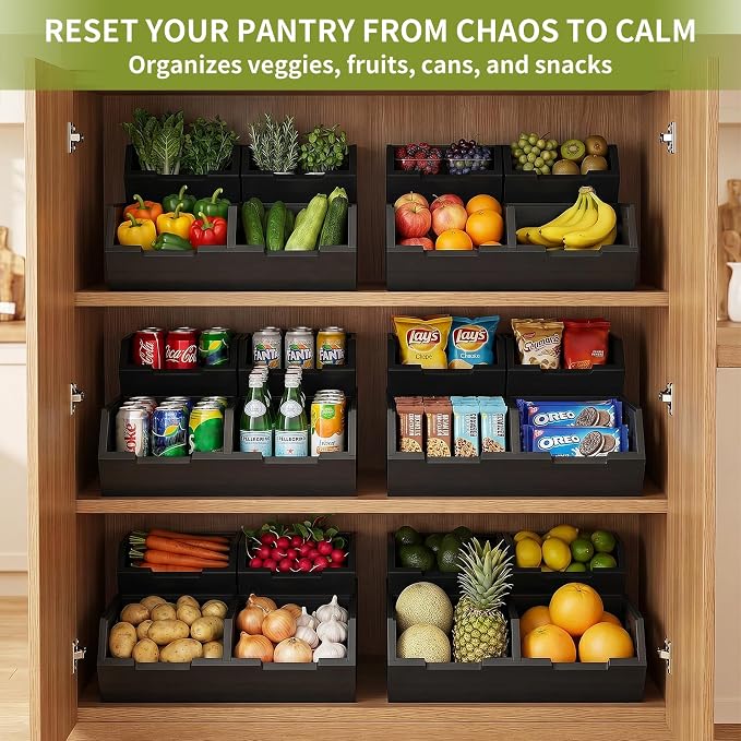 Bamboo Pantry Storage Bins, Potato and Onion Storage Bins for Countertop | Open Front Storage Bins, Large Capacity, Stackable Design, Cut-out Handles, FSC-certified Bamboo, No Assembly, Black